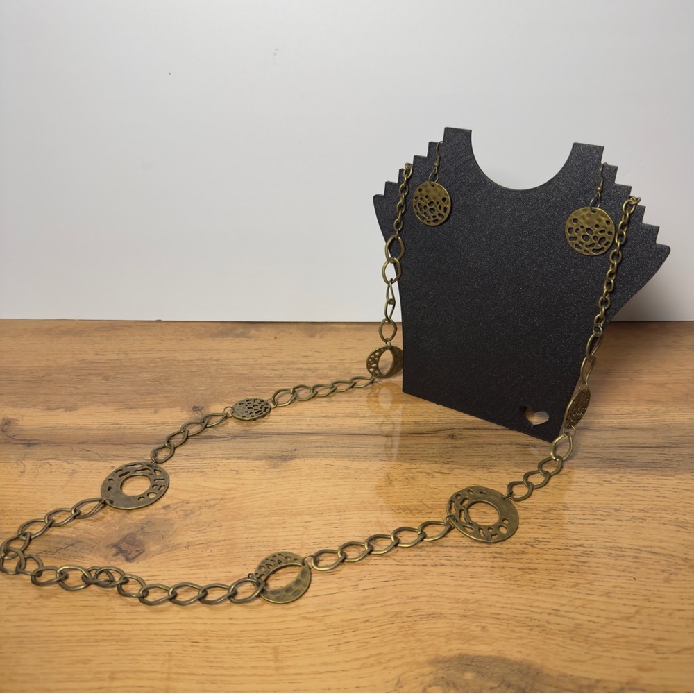 Vintage Boho Brass Disc Chain Necklace & Earrings Set 44in